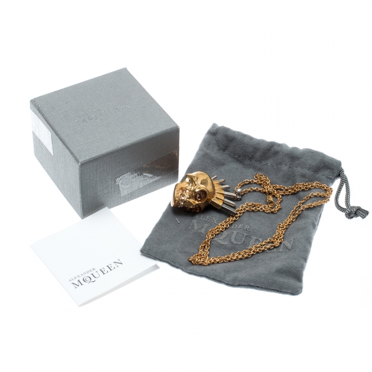 Pre Owned Alexander Mcqueen Mohawk Skull Crystal Studded Gold Tone Necklace 