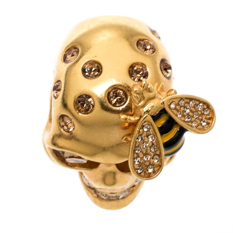 Pre Owned Alexander McQueen Bee Crystal Studded Skull Gold Tone Ring Size 54