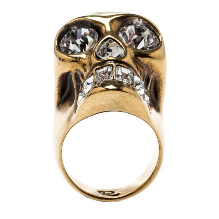 Pre Owned Alexander McQueen Crystal Heart Skull Gold Tone Ring Size 55