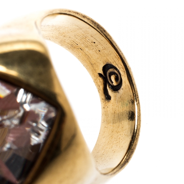 Pre Owned Alexander McQueen Crystal Heart Skull Gold Tone Ring Size 55