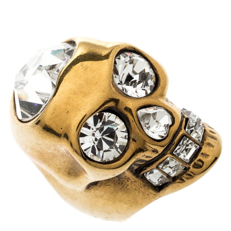 Pre Owned Alexander McQueen Crystal Heart Skull Gold Tone Ring Size 55