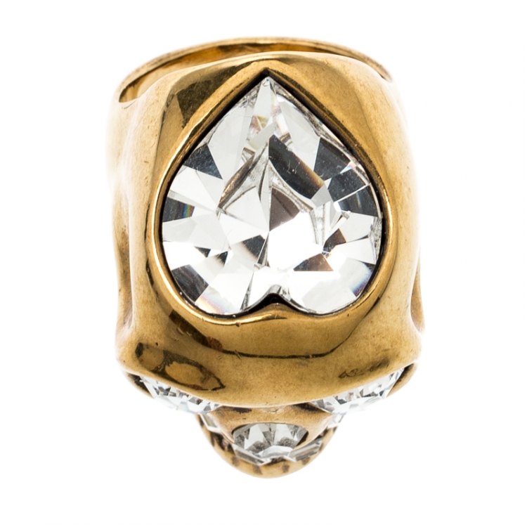 Pre Owned Alexander McQueen Crystal Heart Skull Gold Tone Ring Size 55