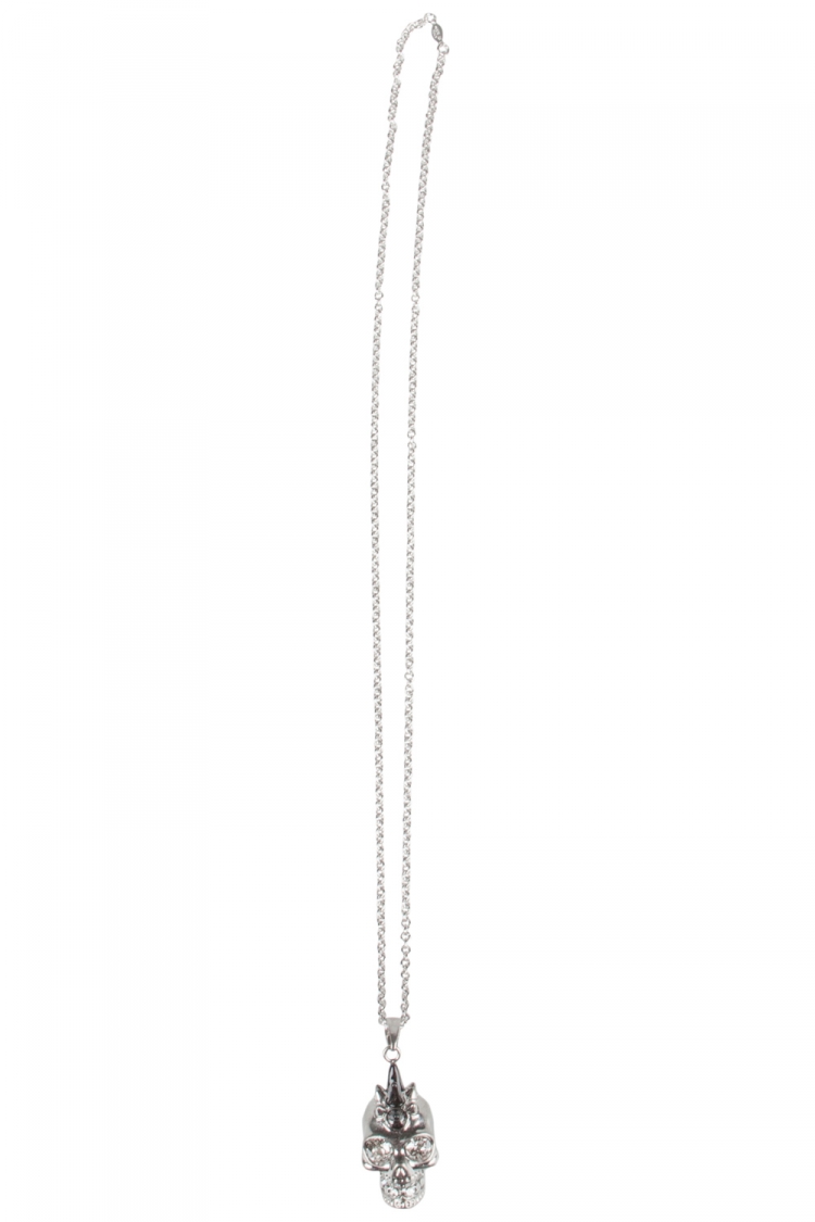 Pre Owned Alexander McQueen Spike Skull Crystal Studded Silver Tone Long Pendant Necklace