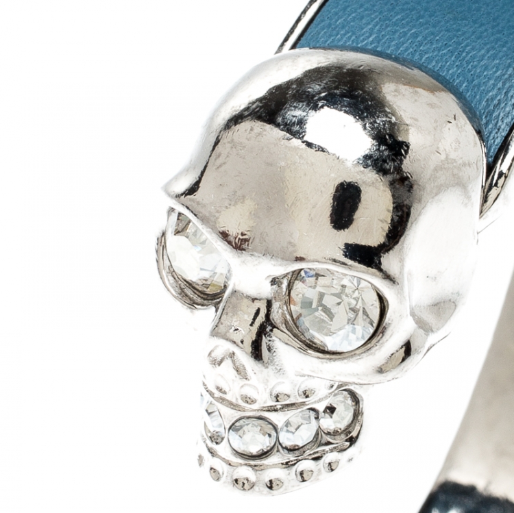Pre Owned Alexander McQueen Blue Leather Crystal Twin Skull Open Cuff Bracelet 
