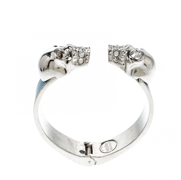 Pre Owned Alexander McQueen Blue Leather Crystal Twin Skull Open Cuff Bracelet 