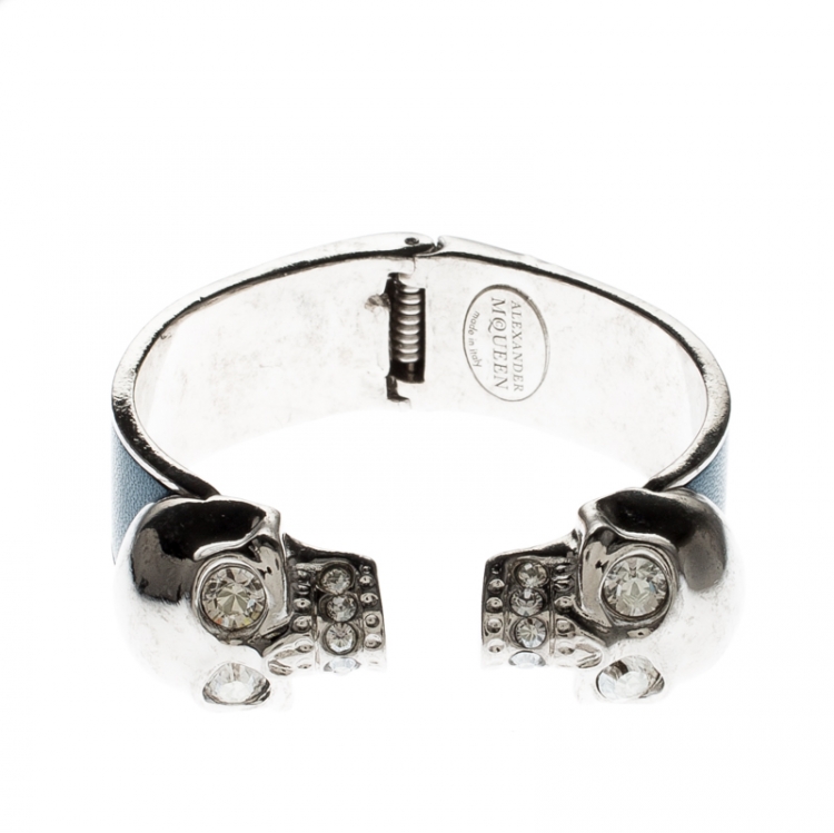 Pre Owned Alexander McQueen Blue Leather Crystal Twin Skull Open Cuff Bracelet 