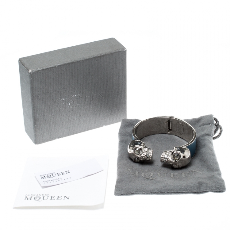 Pre Owned Alexander McQueen Blue Leather Crystal Twin Skull Open Cuff Bracelet 