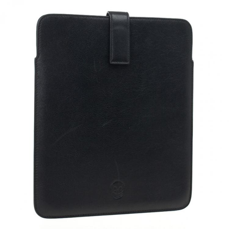 Pre Owned Alexander McQueen Black Leather Skull Embossed iPad Case