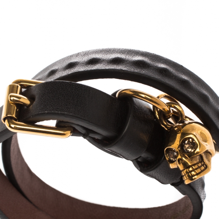 Pre Owned Alexander McQueen Black Leather Gold Tone Double Wrap Skull Charm Bracelet 