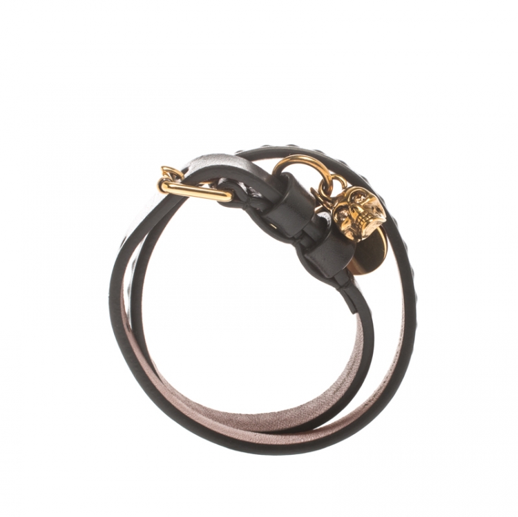 Pre Owned Alexander McQueen Black Leather Gold Tone Double Wrap Skull Charm Bracelet 