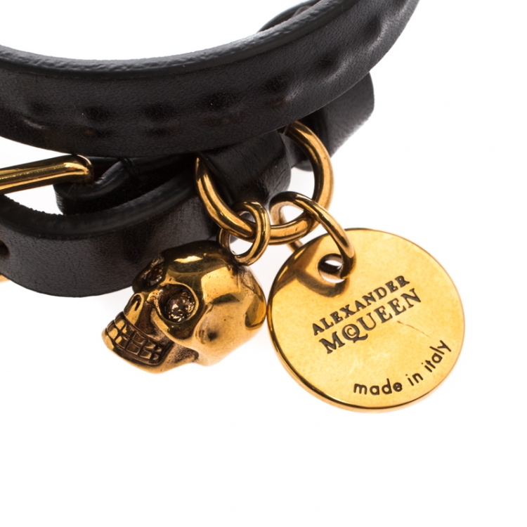 Pre Owned Alexander McQueen Black Leather Gold Tone Double Wrap Skull Charm Bracelet 