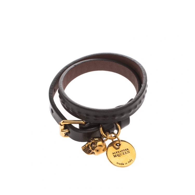 Pre Owned Alexander McQueen Black Leather Gold Tone Double Wrap Skull Charm Bracelet 