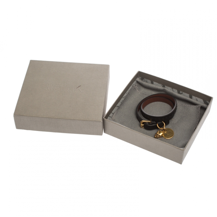 Pre Owned Alexander McQueen Black Leather Gold Tone Double Wrap Skull Charm Bracelet 