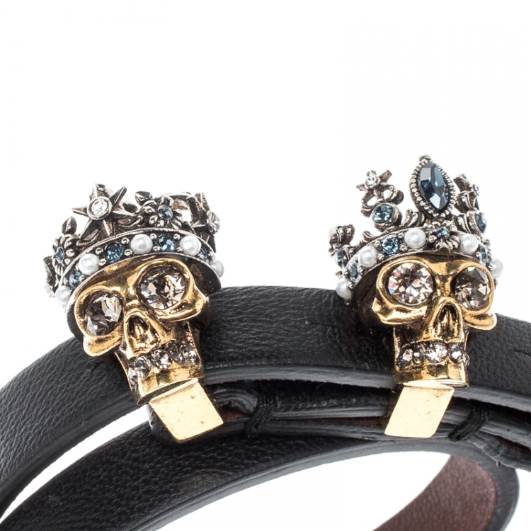 Pre Owned Alexander McQueen King Queen Skull Embellished Black Leather Double Wrap Bracelet