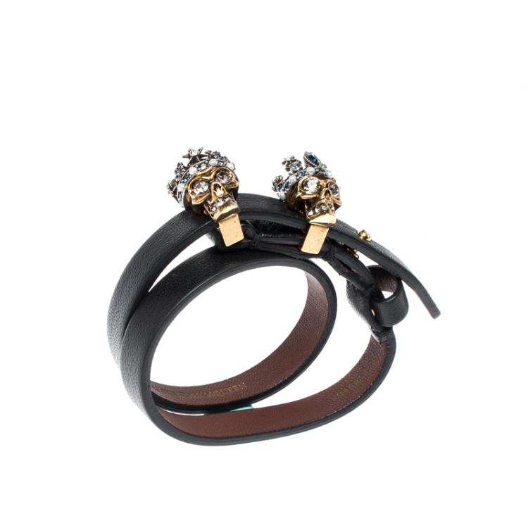 Pre Owned Alexander McQueen King Queen Skull Embellished Black Leather Double Wrap Bracelet