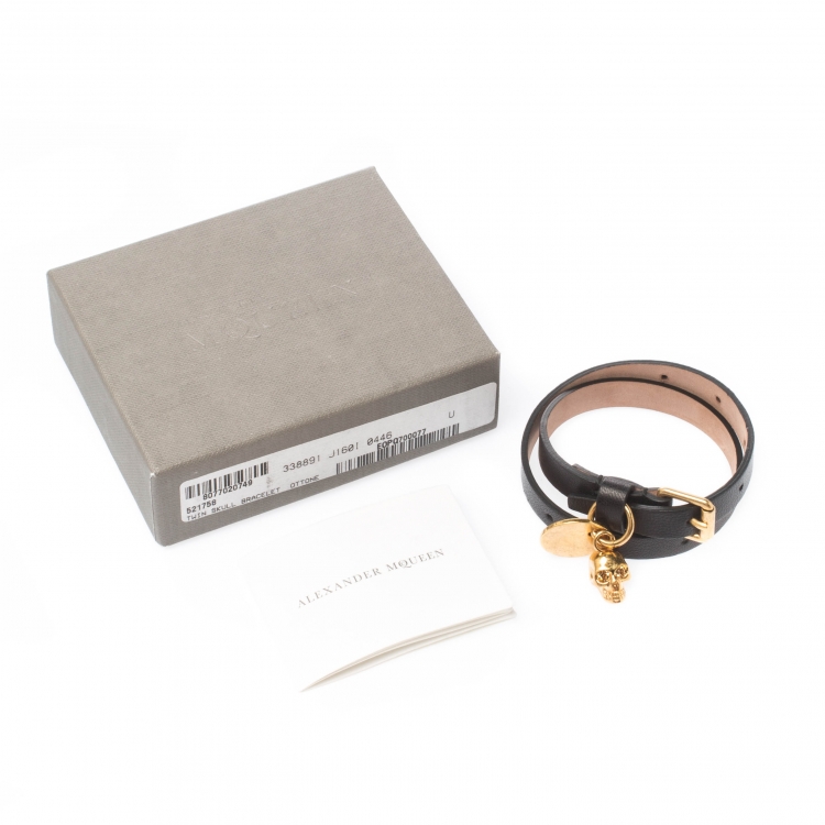 Pre Owned Alexander McQueen Skull Charm Black Leather Gold Tone Wrap Bracelet