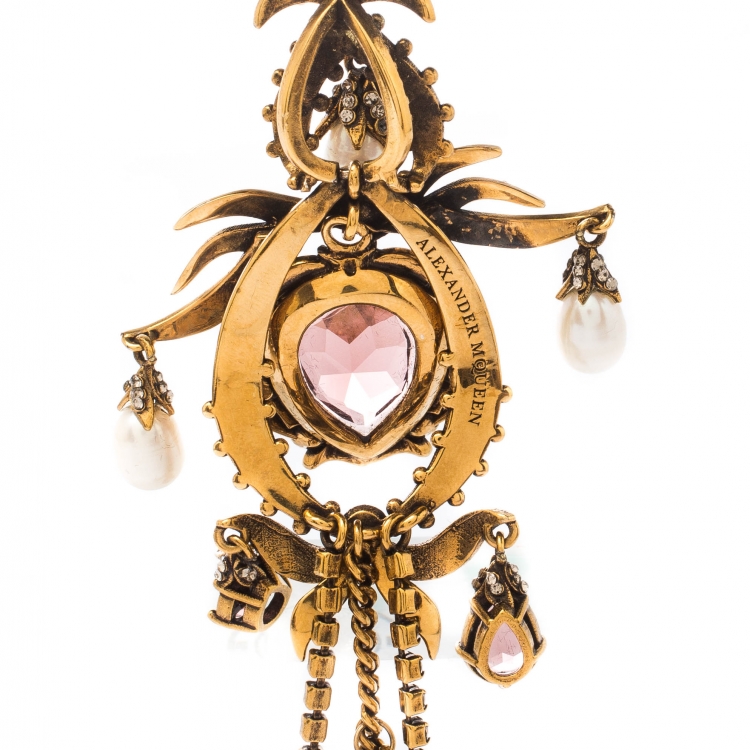 Pre Owned Alexander McQueen Crystal Faux Pearl Embellished Single Hoop Cuff Earring