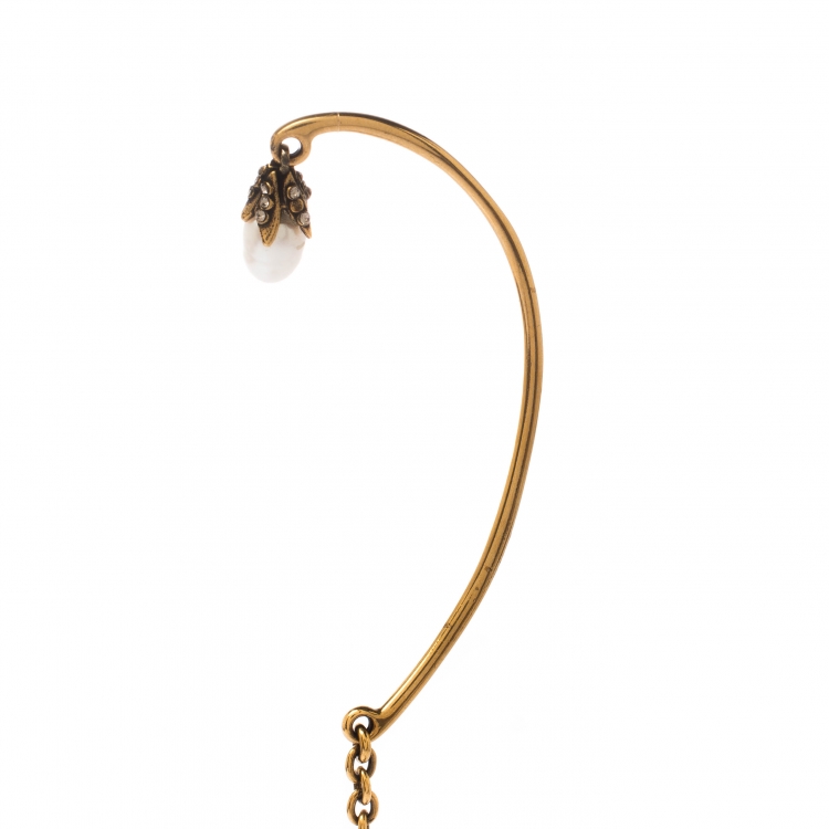 Pre Owned Alexander McQueen Crystal Faux Pearl Embellished Single Hoop Cuff Earring