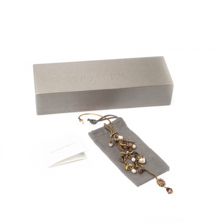 Pre Owned Alexander McQueen Crystal Faux Pearl Embellished Single Hoop Cuff Earring