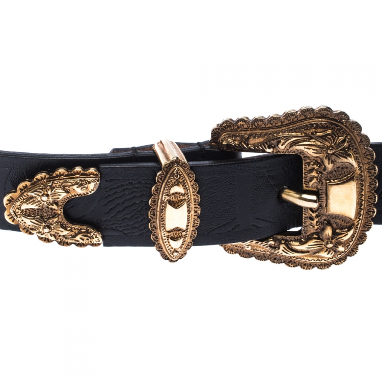 Pre Owned Alexander McQueen Black Leather Double Buckle Belt 80CM