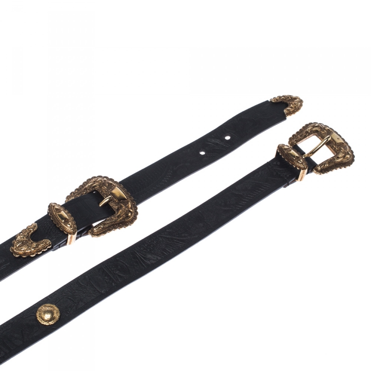 Pre Owned Alexander McQueen Black Leather Double Buckle Belt 80CM