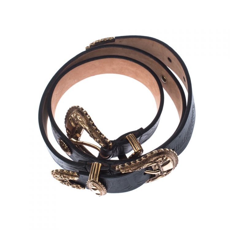 Pre Owned Alexander McQueen Black Leather Double Buckle Belt 80CM
