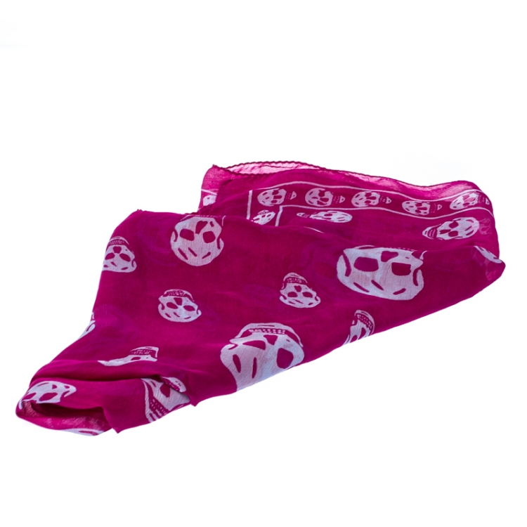Pre Owned Alexander McQueen Fuchsia Skull Print Silk Chiffon Scarf