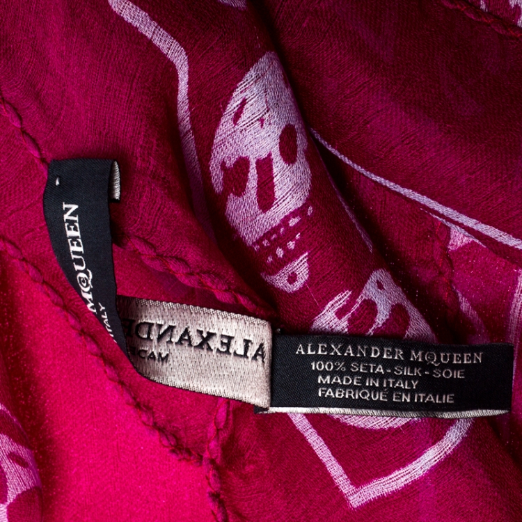 Pre Owned Alexander McQueen Fuchsia Skull Print Silk Chiffon Scarf