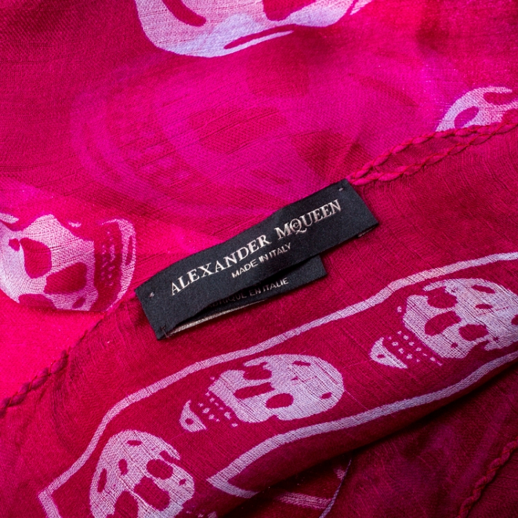 Pre Owned Alexander McQueen Fuchsia Skull Print Silk Chiffon Scarf