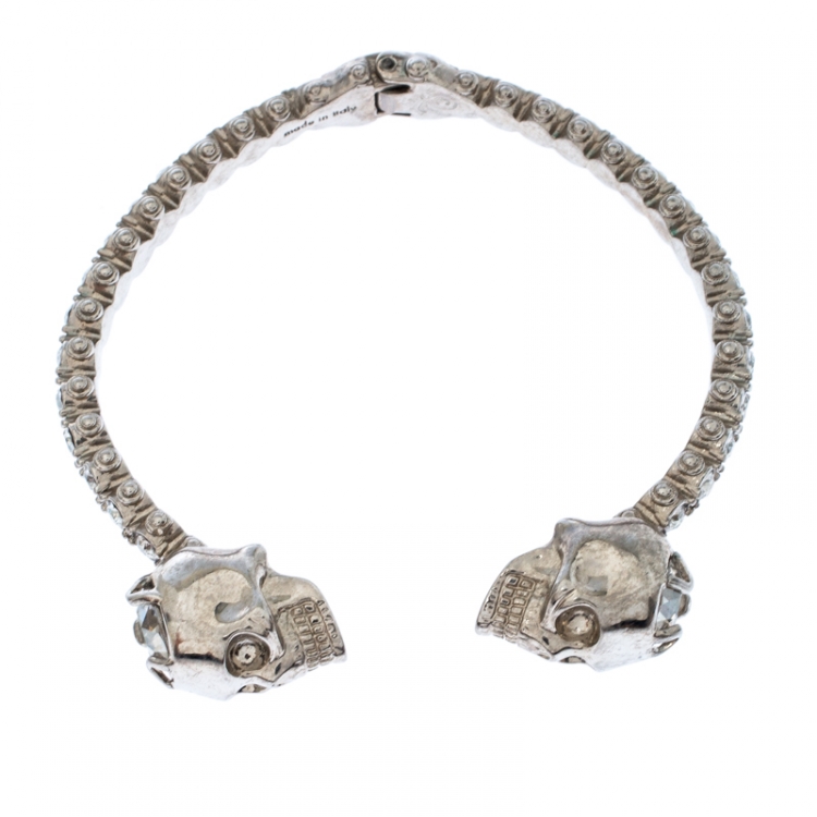 Pre Owned Alexander McQueen Twin Crystal Embedded Skull Silver Tone Open Cuff Bracelet
