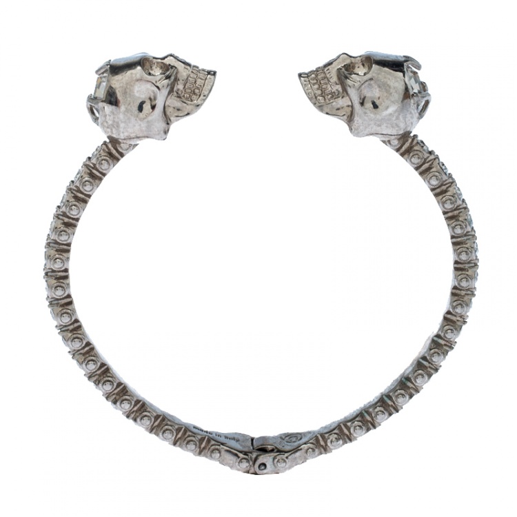 Pre Owned Alexander McQueen Twin Crystal Embedded Skull Silver Tone Open Cuff Bracelet