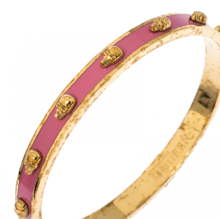 Pre Owned Alexander McQueen Pink Enamel 3D Skull Gold Tone Bangle Bracelet