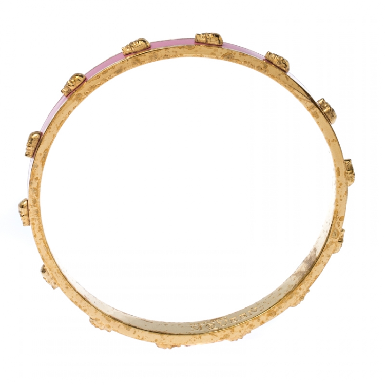 Pre Owned Alexander McQueen Pink Enamel 3D Skull Gold Tone Bangle Bracelet