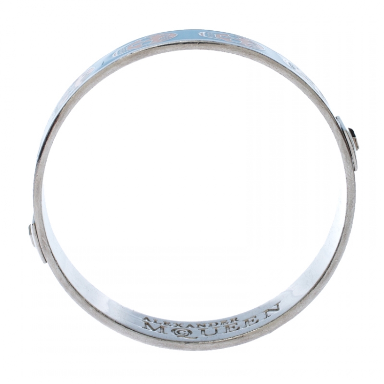 Pre Owned Alexander McQueen Blue Skull Enamel Silver Tone Bangle Bracelet