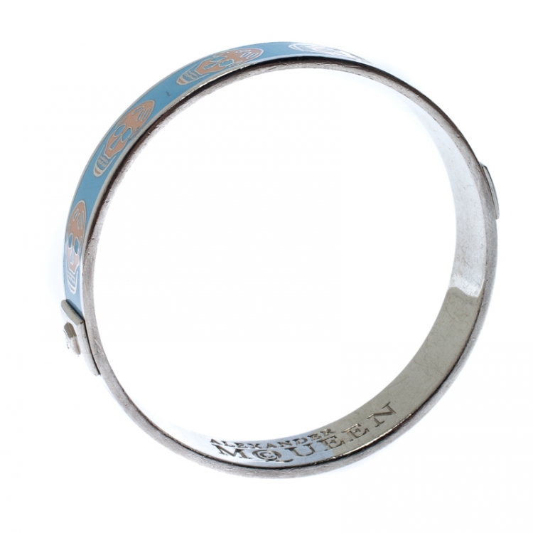 Pre Owned Alexander McQueen Blue Skull Enamel Silver Tone Bangle Bracelet