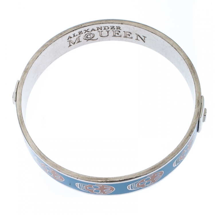 Pre Owned Alexander McQueen Blue Skull Enamel Silver Tone Bangle Bracelet