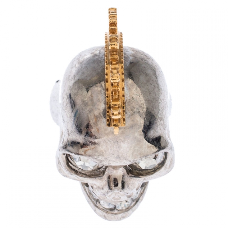 Pre Owned Alexander McQueen Crystal Skull Punk Two Tone Cocktail Ring Size 54