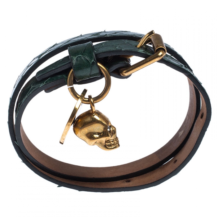 Pre Owned Alexander McQueen Crystal Skull Charm Green Leather Double Wrap Bracelet