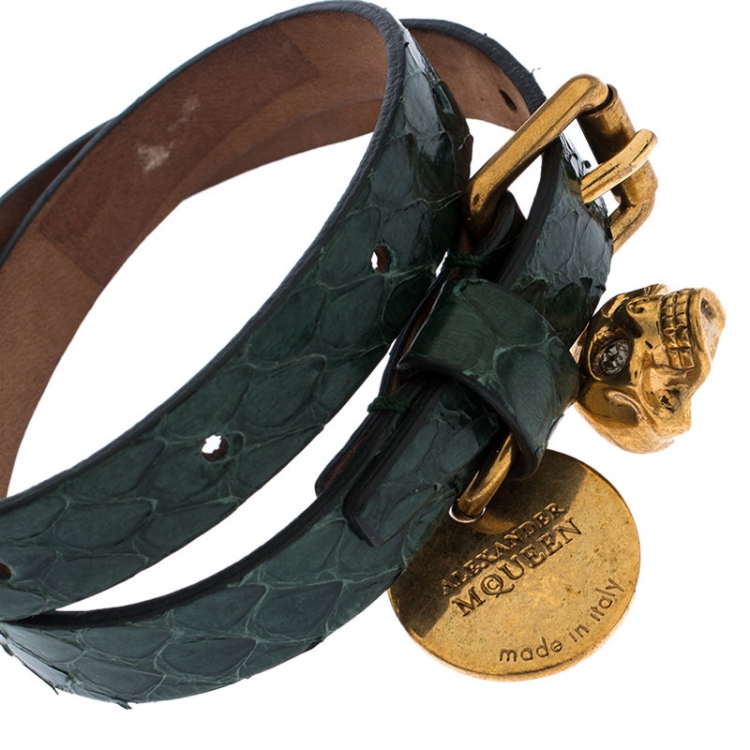 Pre Owned Alexander McQueen Crystal Skull Charm Green Leather Double Wrap Bracelet