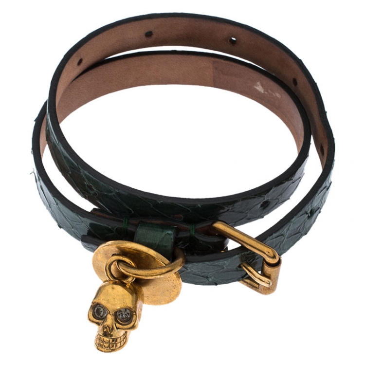 Pre Owned Alexander McQueen Crystal Skull Charm Green Leather Double Wrap Bracelet