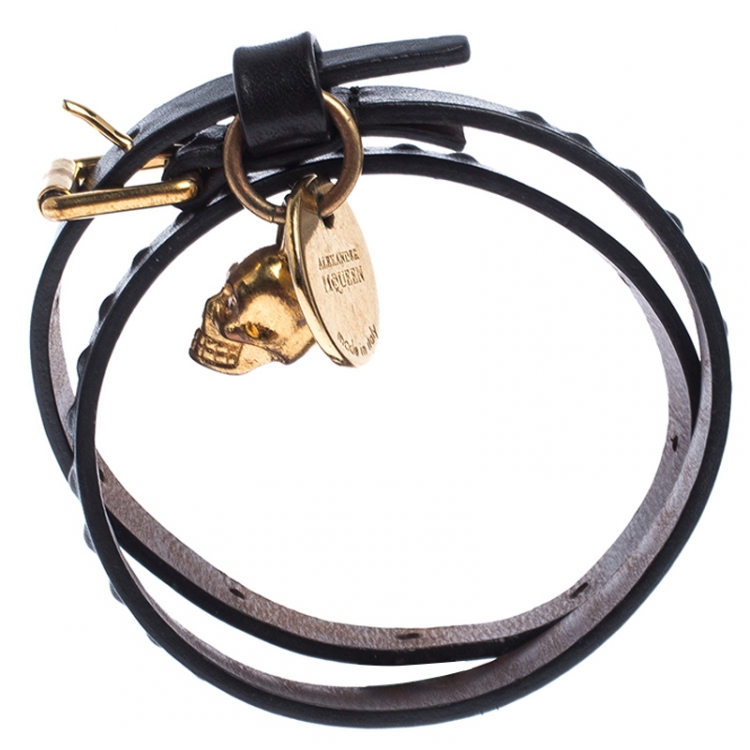 Pre Owned Alexander McQueen Black Leather Gold Tone Double Wrap Skull Charm Bracelet 