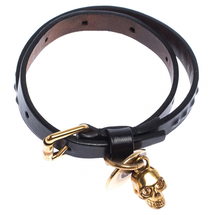 Pre Owned Alexander McQueen Black Leather Gold Tone Double Wrap Skull Charm Bracelet 
