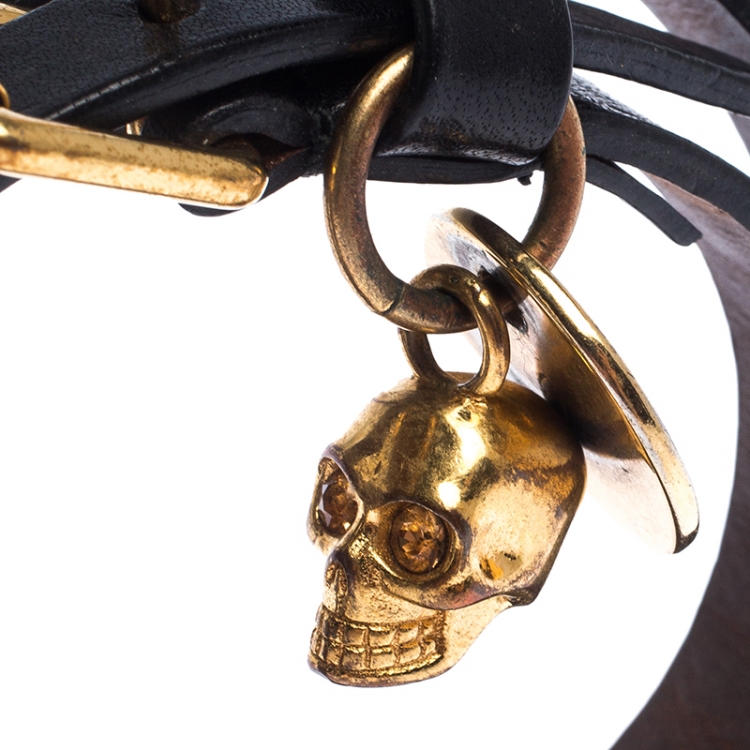 Pre Owned Alexander McQueen Black Leather Gold Tone Double Wrap Skull Charm Bracelet 