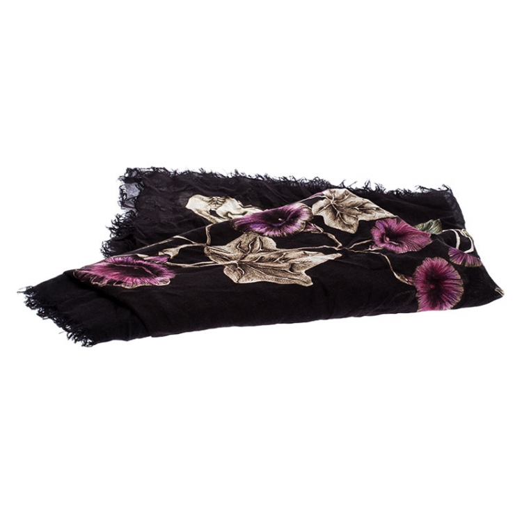 Pre Owned Alexander McQueen Black Skull And Floral Printed Silk Scarf 