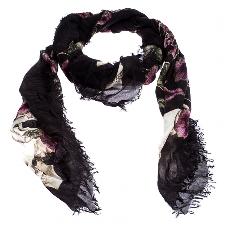 Pre Owned Alexander McQueen Black Skull And Floral Printed Silk Scarf 