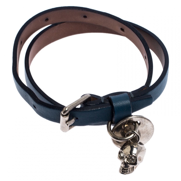 Pre Owned Alexander McQueen Teal Blue Leather Crystal Skull Charm Silver Tone Double Wrap Bracelet