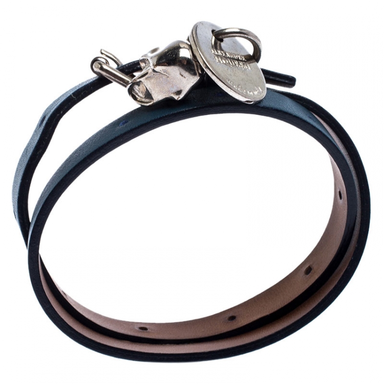 Pre Owned Alexander McQueen Teal Blue Leather Crystal Skull Charm Silver Tone Double Wrap Bracelet