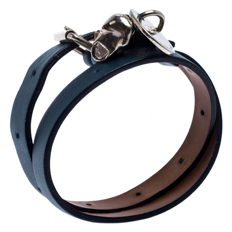Pre Owned Alexander McQueen Teal Blue Leather Crystal Skull Charm Silver Tone Double Wrap Bracelet
