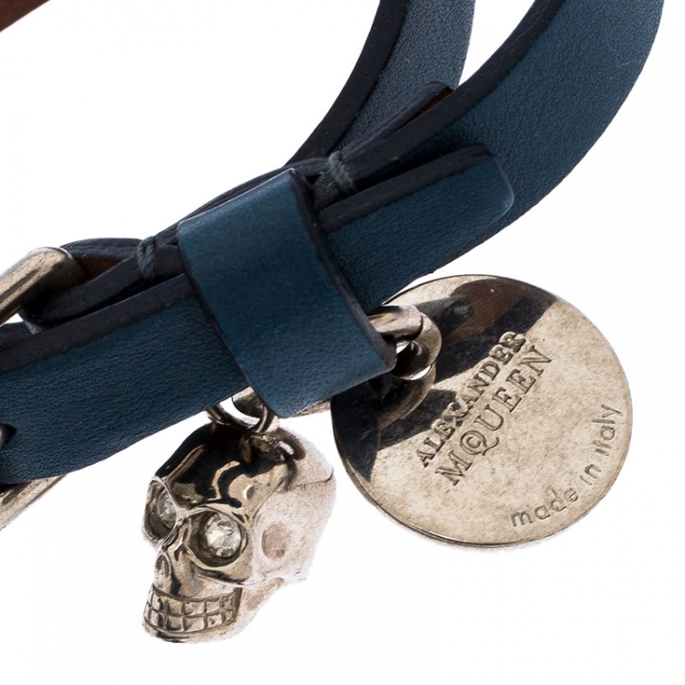 Pre Owned Alexander McQueen Teal Blue Leather Crystal Skull Charm Silver Tone Double Wrap Bracelet