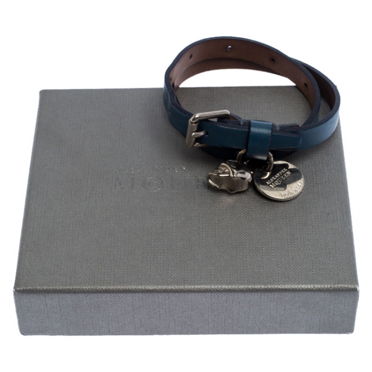 Pre Owned Alexander McQueen Teal Blue Leather Crystal Skull Charm Silver Tone Double Wrap Bracelet